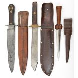 A coffin handled bowie knife, 11” spear point blade, rosewood grips to hilt; in its leather