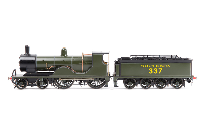 An O gauge fine scale Ex LSWR class T9 4-4-0 tender locomotive. RN337 in Southern lined olive