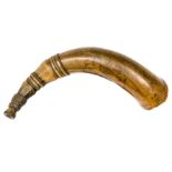 A Geo horn bugle, facetted and curved with bands towards darkwood mouthpiece, engraved band at (