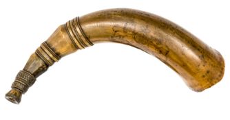 A Geo horn bugle, facetted and curved with bands towards darkwood mouthpiece, engraved band at (