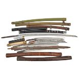 7 various Japanese blades for wakizashi, 14” - 20”, and one for katana, 29”; a scabbard for WWII