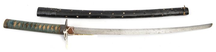 A composite Japanese boy’s sword wakizashi, blade 48.8cms, mumei, untempered, tape bound same tsuka,