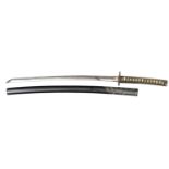 A composite Japanese sword katana, blade 63.8cms signed Teruhide, 2 mekugi ana, gunome hamon, muji