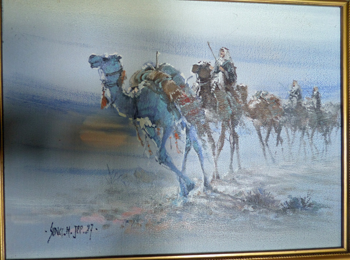 A series of 3 well executed oil on board sketches of desert scenes, featuring camels and oases, - Image 3 of 3