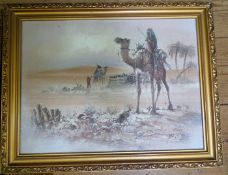A series of 3 well executed oil on board sketches of desert scenes, featuring camels and oases,