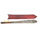 A Masai sword, seme, flat swollen blade 15”, marked with a giraffe “Brades” and “Giraffe 1673”,