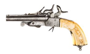 A Spanish DB side by side 12mm boxlock pinfire pistol, 7¾” overall, round twist barrels 3¾” which