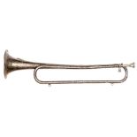 A Third Reich fanfare trumpet, 21” long, silver plated body with applied eagle and swastika badge.
