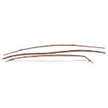 3 old dark wood bows, length 53”, 57” and 59”, the first complete with drawstring. GC