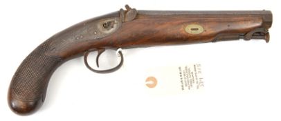 A 28 bore Durs Egg percussion pistol, back action lock, octagonal barrel marked London, swivel