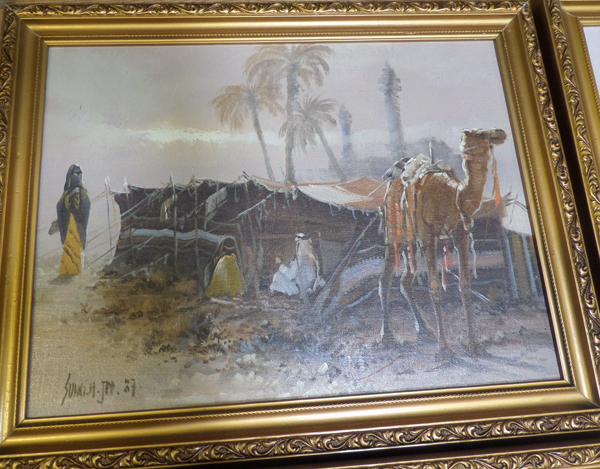 A series of 3 well executed oil on board sketches of desert scenes, featuring camels and oases, - Image 2 of 3