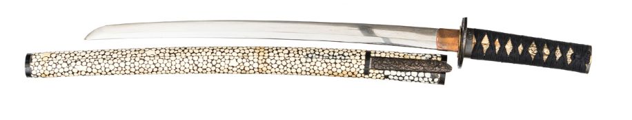 A Japanese sword wakizashi, blade 44.2cms, signed Yoshimitsu, itame hada, chu suguha hamon, fair