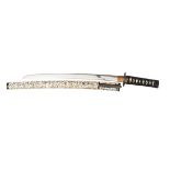 A Japanese sword wakizashi, blade 44.2cms, signed Yoshimitsu, itame hada, chu suguha hamon, fair