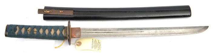 A Japanese sword wakizashi, blade 37.8cms, mumei, cut with 2 pairs of narrow half length hi, ito
