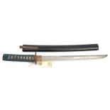 A Japanese sword wakizashi, blade 37.8cms, mumei, cut with 2 pairs of narrow half length hi, ito