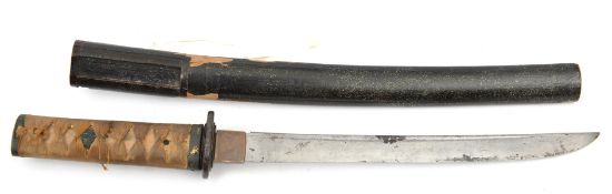 A Japanese dagger tanto, blade 28.4cms, mumei (koto), cut with full length hi. Iron tsuba, cord