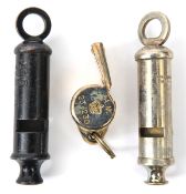 3 whistles: plated “The Acme Thunderer. Made in England” with “A.M. (crown.) 23/230” on either side,