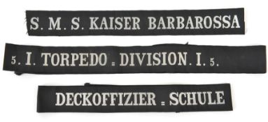 2 German silver wire embroidered naval cap tallies: “5.I. Torpedo-Division.I.5”, and “Deckoffizier-
