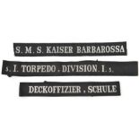 2 German silver wire embroidered naval cap tallies: “5.I. Torpedo-Division.I.5”, and “Deckoffizier-