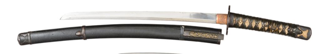 A Japanese sword wakizashi, blade 38.4cms, mumei, ito suguha hamon, cleaned bright with some