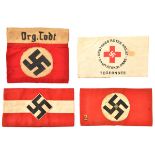 4 Third Reich cloth arm badges: Hitler Youth, NSDAP with superimposed metal pip and figure “2”,