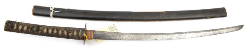 A Japanese sword wakizashi, blade 54cms signed Bizen Kanemitsu, finely pierced shakudo tsuba,