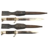2 Third Reich parade bayonets, by E u F Horster, Solingen, plated blades 7¾” and 9¾”, the plated