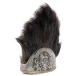 A 1768 pattern grenadier fur cap, red cloth back with white braid trim and tassels, blackened