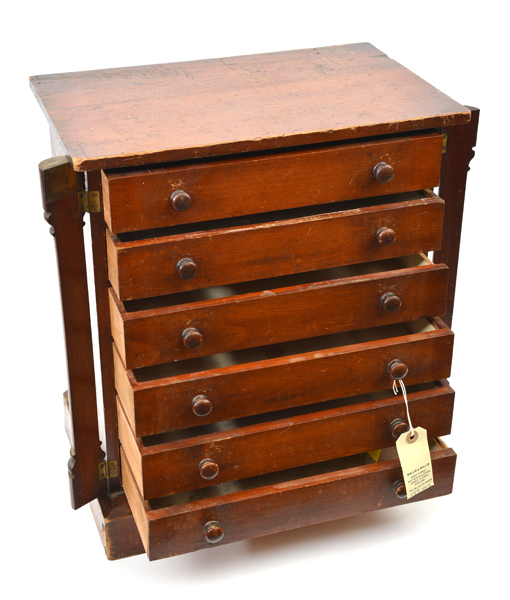 A collector’s wooden cabinet, of 6 drawers, 12” x 7” x 1¼” (internal), swivel columns to sides, - Image 2 of 2