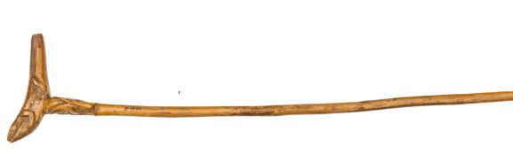 An interesting St Helena French POW carved walking stick, slender, irregular haft, engraved at the