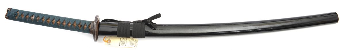 A Japanese sword wakizashi, blade 58cms, mumei, koto blade, mimi gata hamon, 2 mekugi ana, iron
