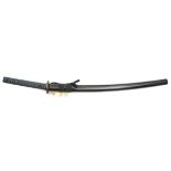 A Japanese sword wakizashi, blade 58cms, mumei, koto blade, mimi gata hamon, 2 mekugi ana, iron