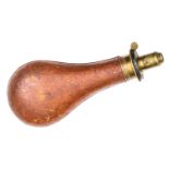 A brown leather covered powder flask “Patent”, spring brass top, retaining a little original