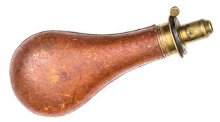 A brown leather covered powder flask “Patent”, spring brass top, retaining a little original
