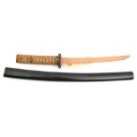 The koshirae (fittings) for a Japanese sword wakizashi, wooden “blade” 25cms, pierced iron mokko