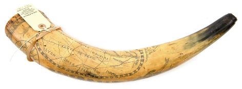 A cowhorn, engraved with view of “Fort Bent”, map of Santa Fe trail and surrounding areas,