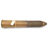 An inert WWI British 18 pdr shrapnel shell in fired condition, with brass fuse and loaded with