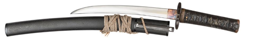 A Japanese dagger tanto, blade 27.9cms, mumei, unokubi-zukuri, gunome hamon, good polish. Leather