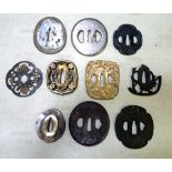 10 assorted iron or brass tsuba, comprising 5 castings, 1 shingunto, 1 kyugunto, 2 of tsuba type,