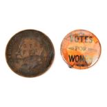 2 interesting Suffragette items: a Geo V 1912 penny, partly flattened and stamped “Votes for Women”,