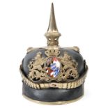 An Imperial German Bavarian General’s pickelhaube, the plate of frosted silver with enamelled