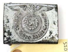 A Third Reich SS buckle, of silver painted steel, the reverse stamped with RZM mark, SS runes in