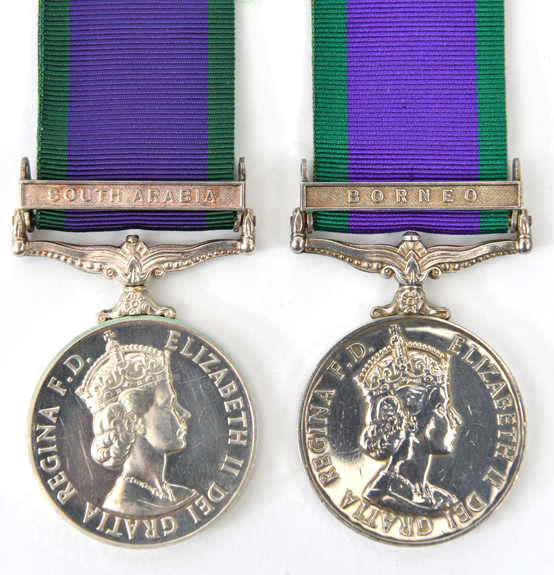 G.S.M. 1962 1 clasp Borneo (23863138 Pte M.M. Munro Q.O. Hldrs), GVF;  another, 1 clasp S Arabia (