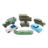 7 Dinky Toys. A Standard Vanguard (153) in mid blue with fawn wheels. An Armstrong Siddeley (38e) in