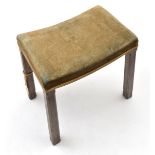 A stool from the Coronation of George VI, dark oak legs, grey green velvet shaped seat, gilt lace