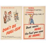 4 WWII A3 fuel economy posters: “Don't be Fuel-ish”, 2 versions of worker wasting fuel - leaving