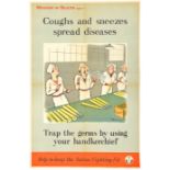 2 similar “Coughs and Sneezes” posters, one by H.M. Bateman showing 3 women on a munitions factory