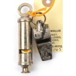 A WWI whistle, marked “J Hudson & Co Birmingham 1914”, GC, and another marked “AM/ Crown/ 23/ 230”