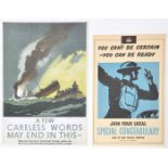 4 WWII A3 posters: sinking ship and crew in lifeboat “A few Careless Words May end in this”;