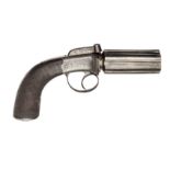 A 6 shot 48 bore self cocking bar hammer percussion pepperbox revolver, by James Webley, 9” overall,